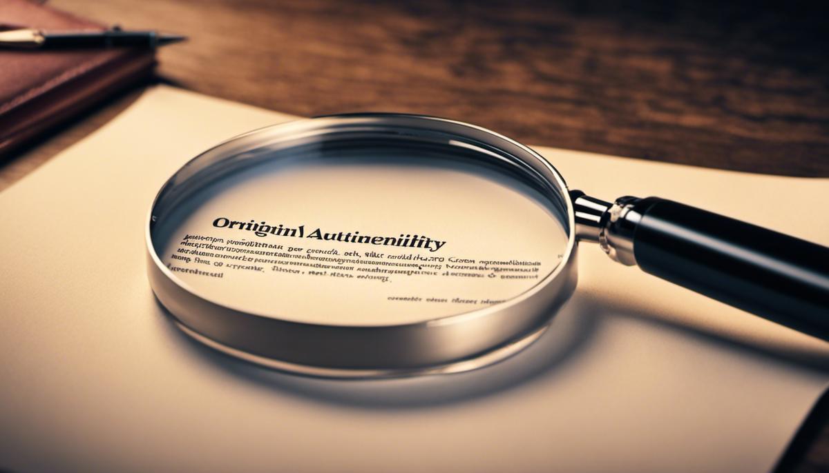 A magnifying glass placed on a paper with the words 'authenticity' and 'originality', representing the importance of genuine and unique content in college applications