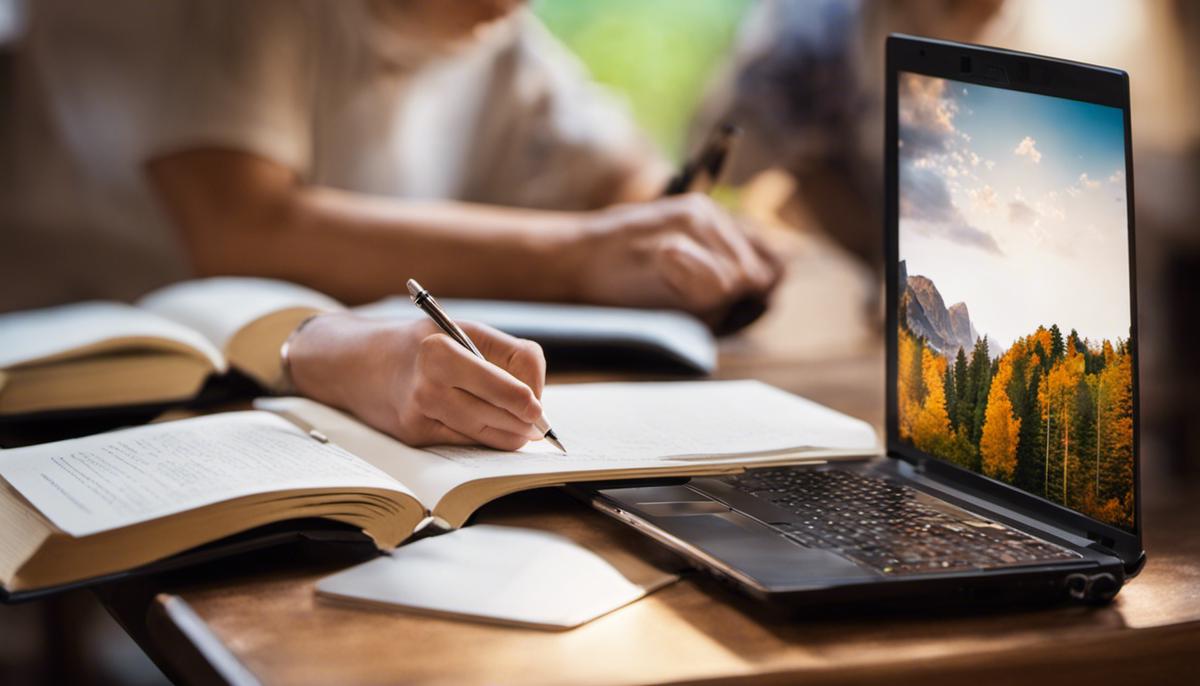 Image of a student writing an essay with a laptop and books in the background