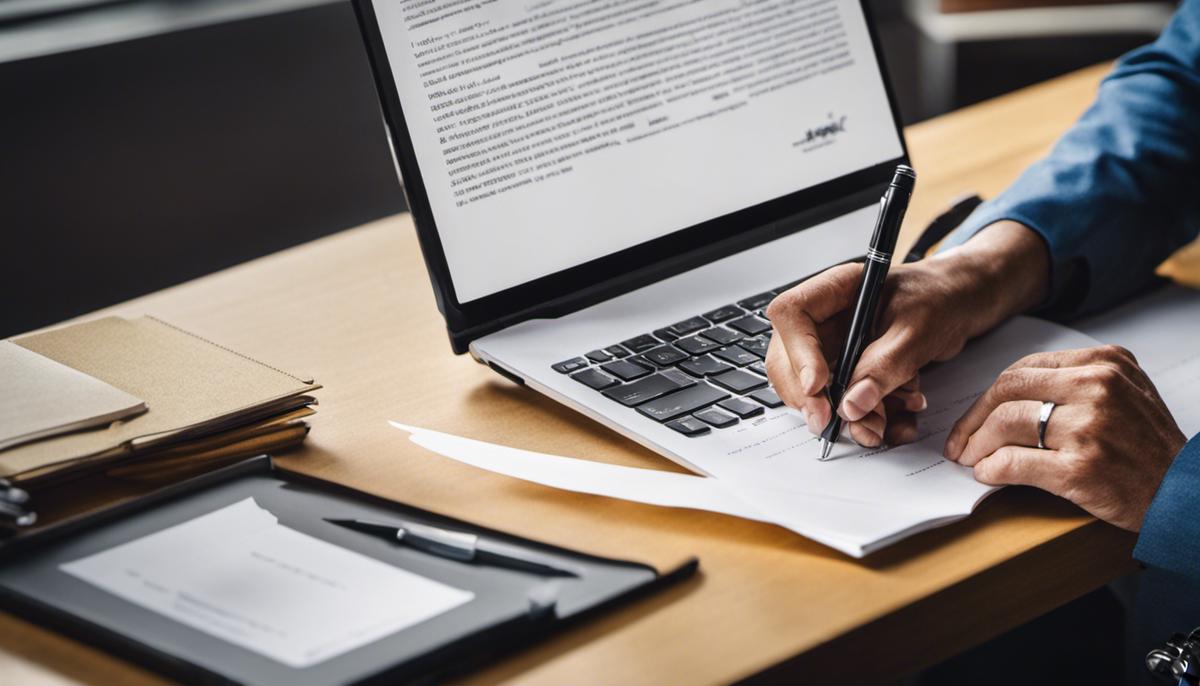 Image depicting a person proofreading a document with a computer and pen on a desk